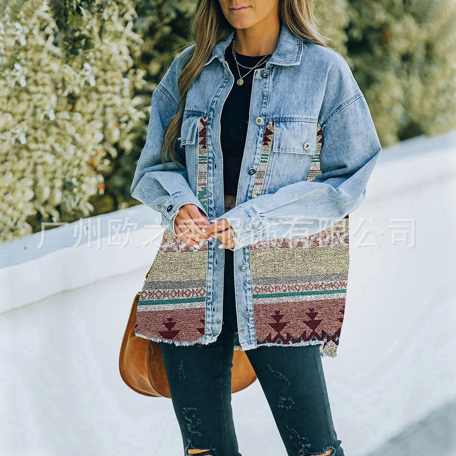 Wholesale Aztec Denim Patchwork Woolen Jackets