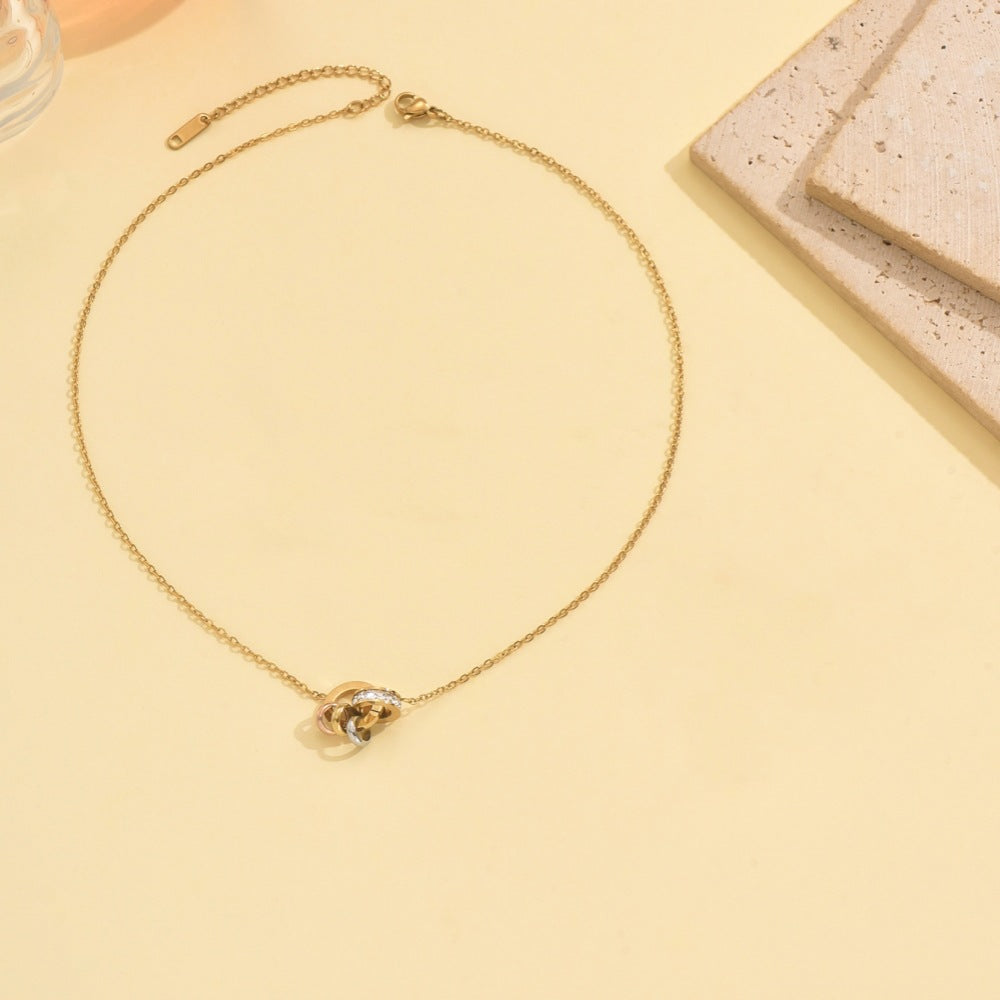 Wholesale Stainless steel gold double ring linked artificial zircon necklace  bracelet  and earrings