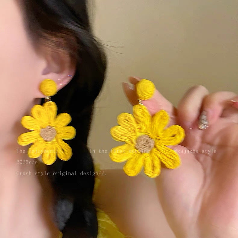 Wholesale Beach holiday style straw sunflower earrings