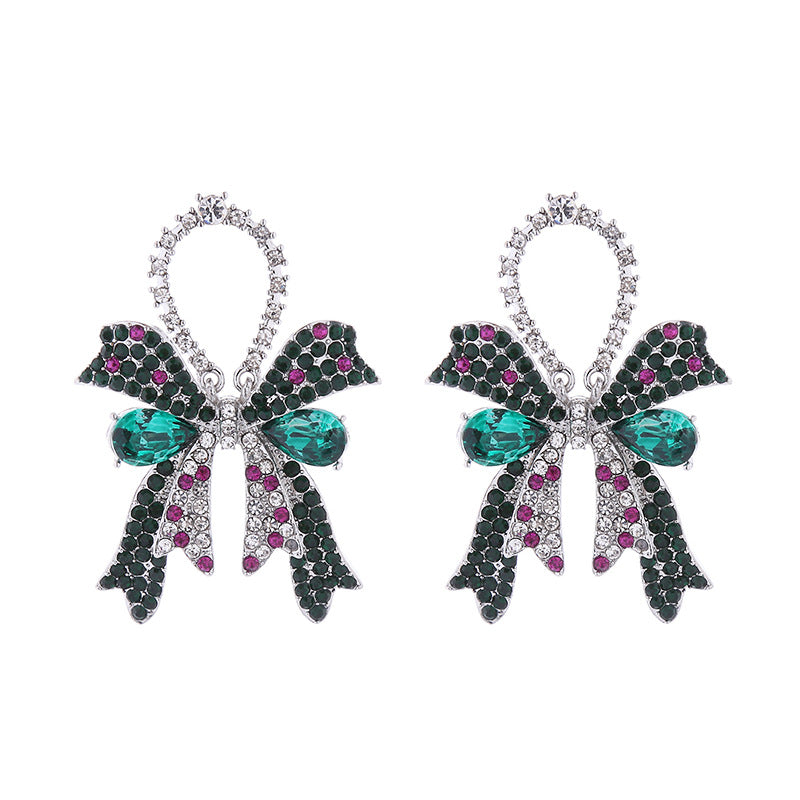 Wholesale new fashion high-end sense full diamond bow silver needle earrings women's exquisite elegant colored diamond ear jewelry