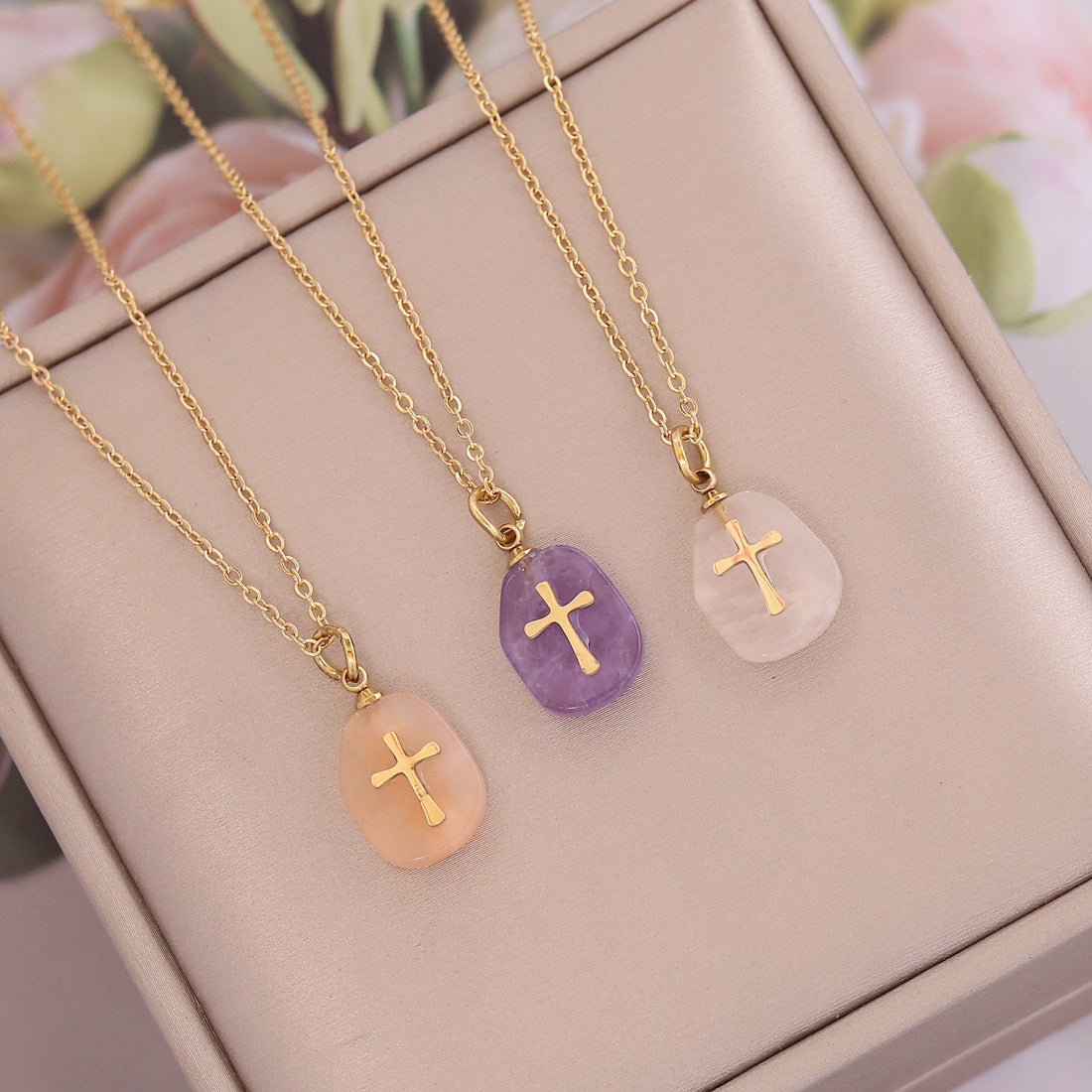Wholesale natural stone cross necklace simple clavicle chain stainless steel necklace