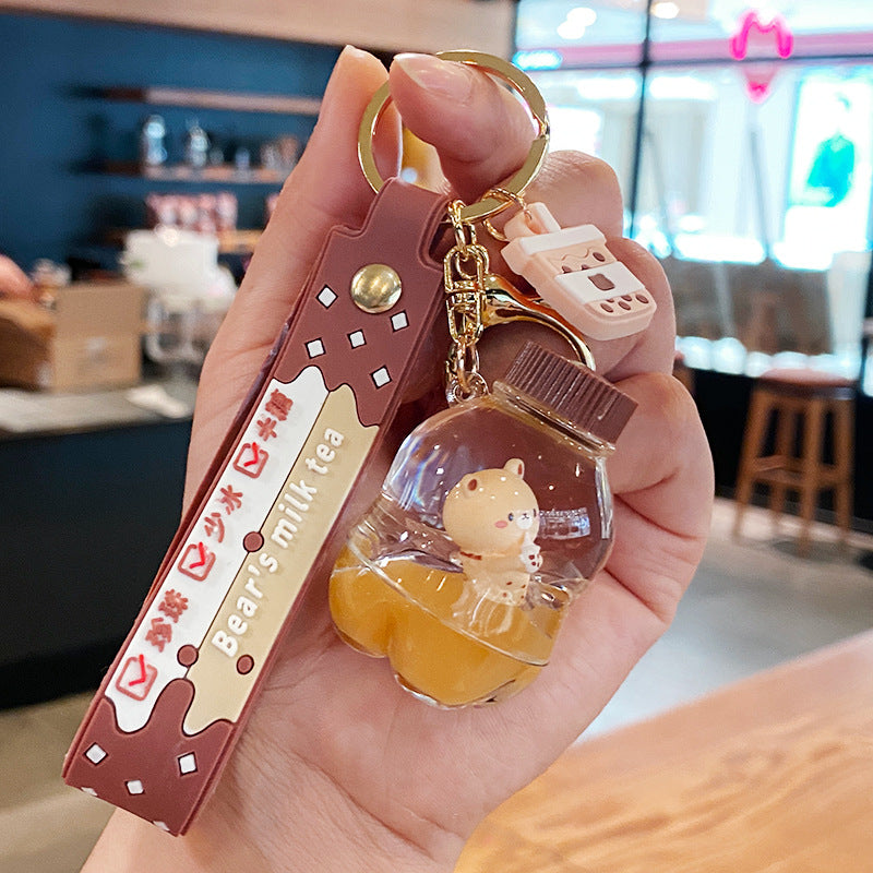 Wholesale Milk tea bear quicksand keychain exquisite cute schoolbag pendant