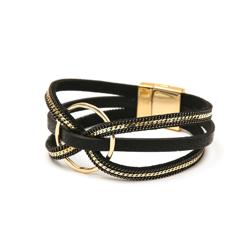 Wholesale Metal ring cross leather women' s bracelet
