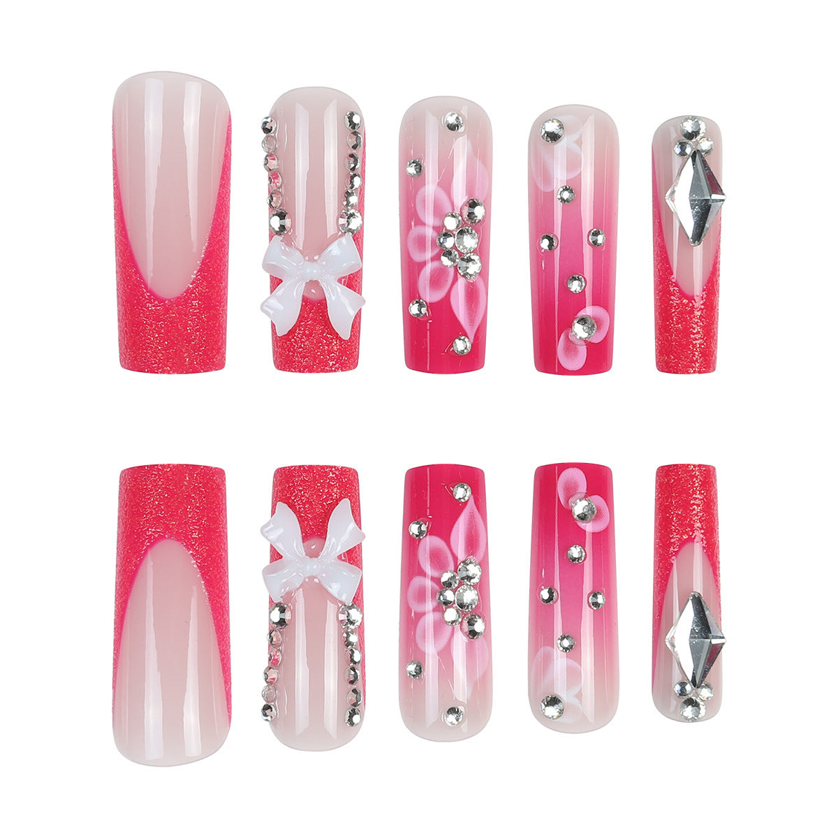 Wholesale Long French Pink Diamond Bow Dress Press-on Nails