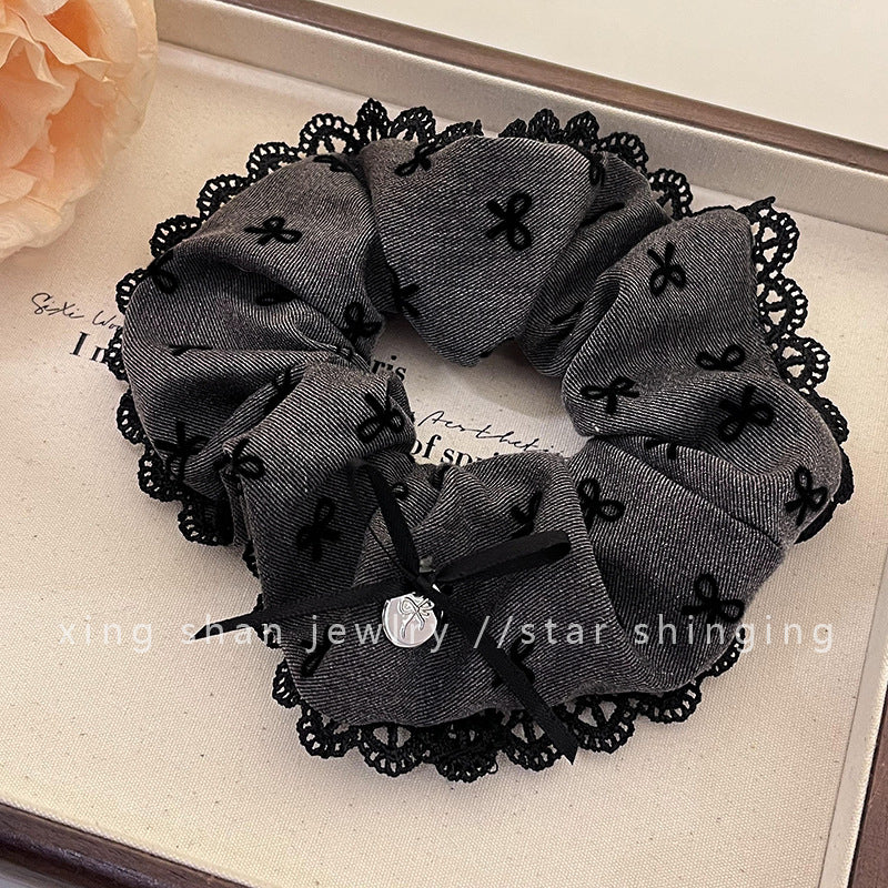 Wholesale Gray Bow Square Scarf Retro High-end Oversized Lace Hair Rope