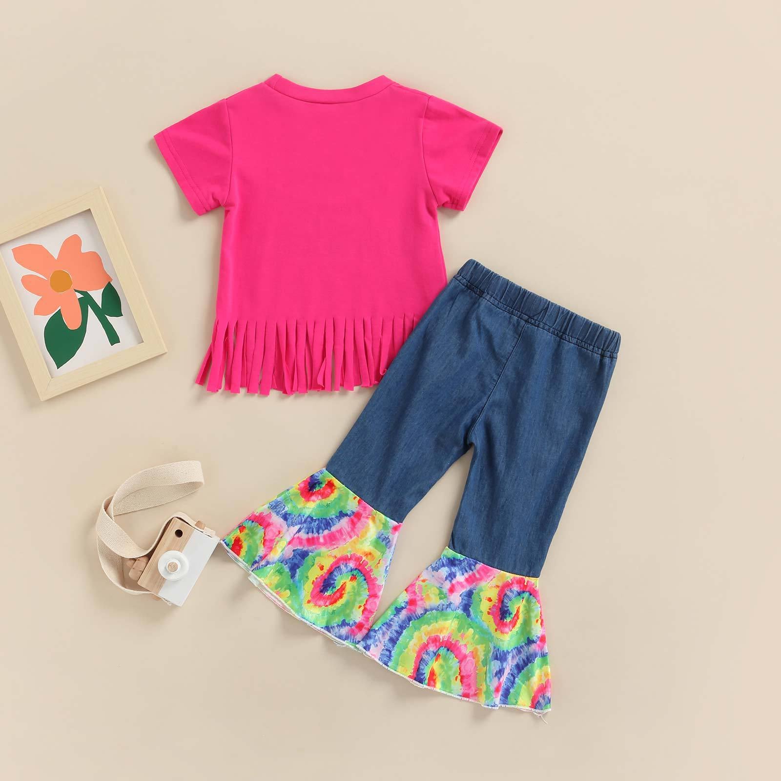 Wholesale Cotton Fringed Short-sleeved T-shirt, Ripped Patchwork Tie-dye Denim Flared Pants Two-piece Set