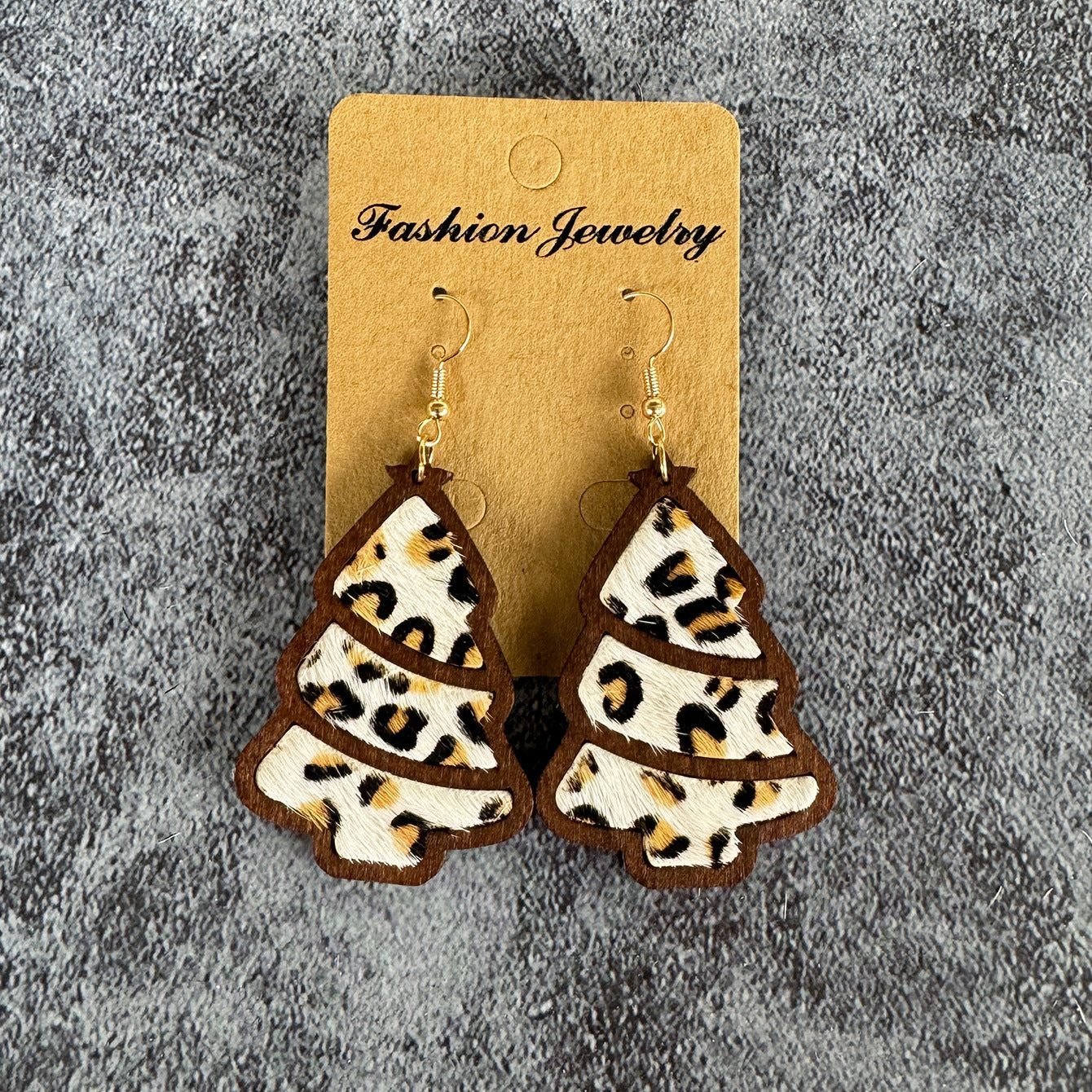 Wholesale Genuine Leather Christmas Tree Leopard Print Horse Hair Wood Inlay Cowhide Lightweight Western Earrings