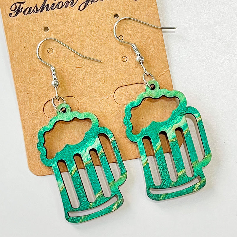 Wholesale St. Patrick's festival green March jewelry wooden simple hollow earrings