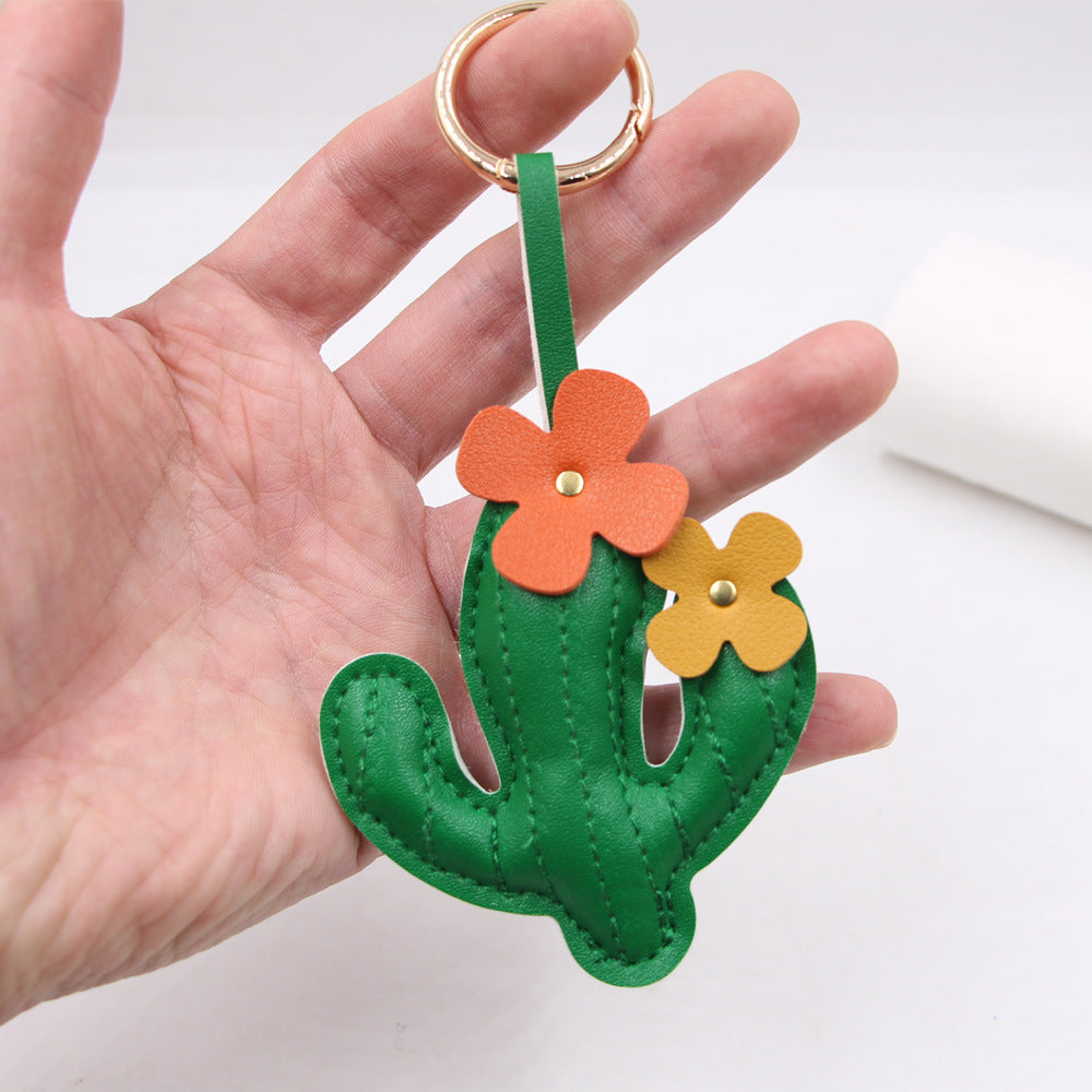 Wholesale Trendy Cactus Design Faux Leather Keychain Bag Charm Cute Animal Motif Car Key Accessory Gift