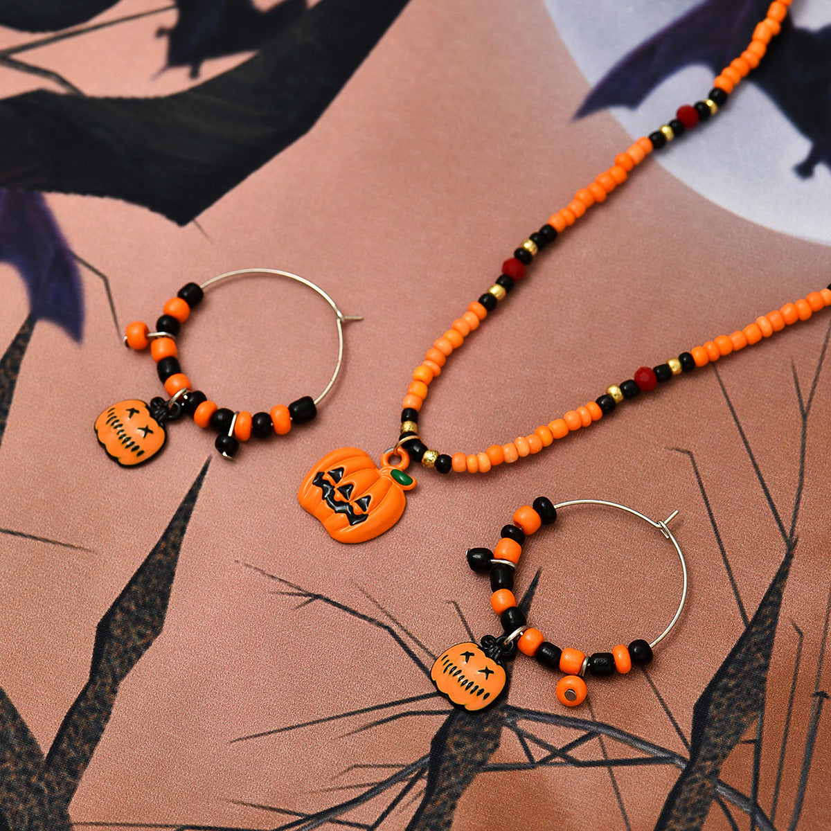 Wholesale Halloween Pumpkin Orange Rice Bead Earrings Necklace Set