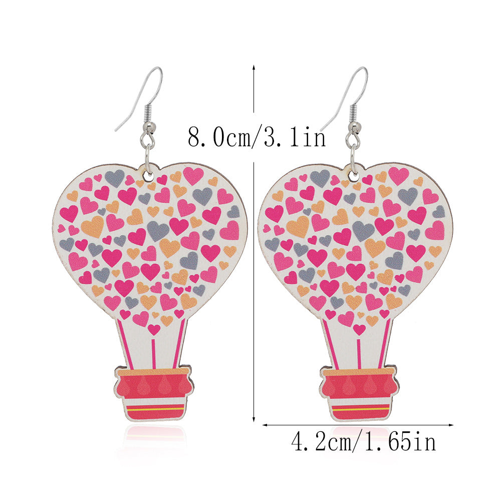 Wholesale Valentine's Day Pink Printed Love Heart-shaped Wooden Earrings