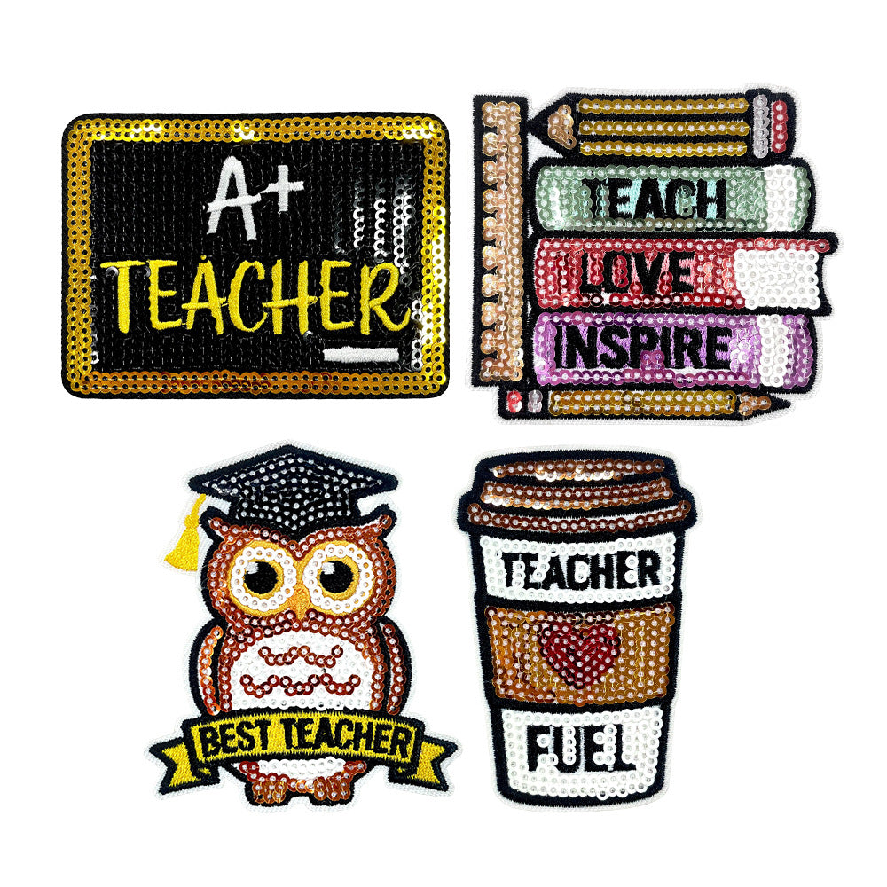Wholesale Teacher S Day Owl Book Sequin Patch Iron On For Coat Gift