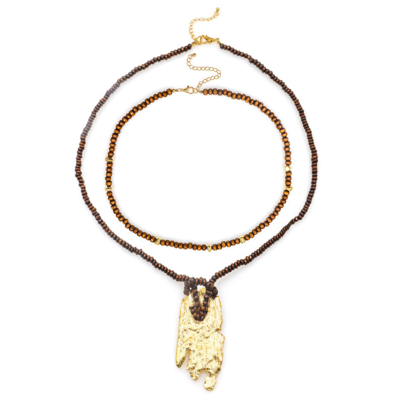 Wholesale Irregular Simple Pendant Necklaces with Wood Beads Double Layer Long Necklaces