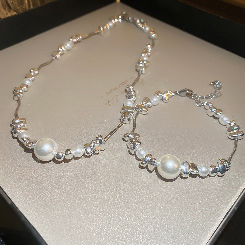 Wholesale Silver Pearl Irregular Stitching Bracelet Necklace Set