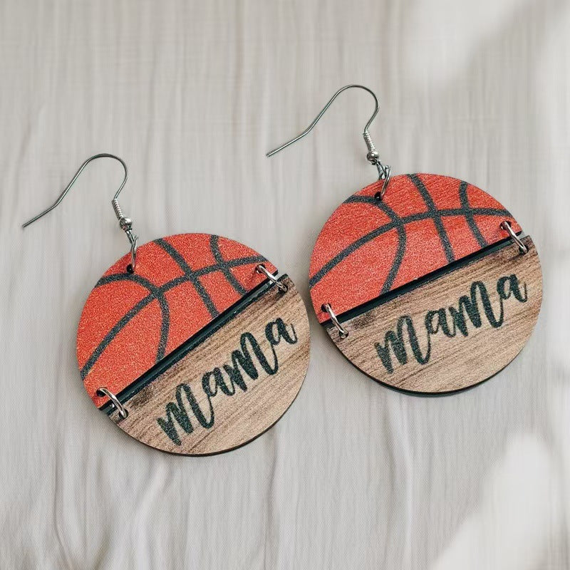Wholesale Mother' s Day wooden earrings Sports softball basketball wooden round earrings