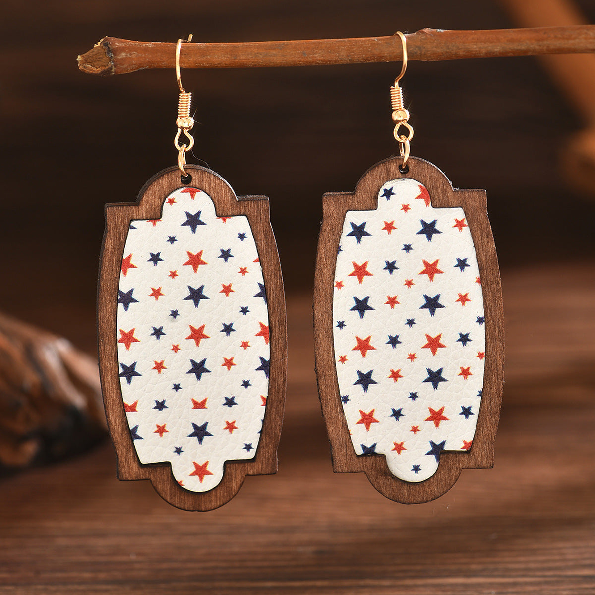 Wholesale Leather Litchi Grain Wood Frame American Flag Independence Day Earrings