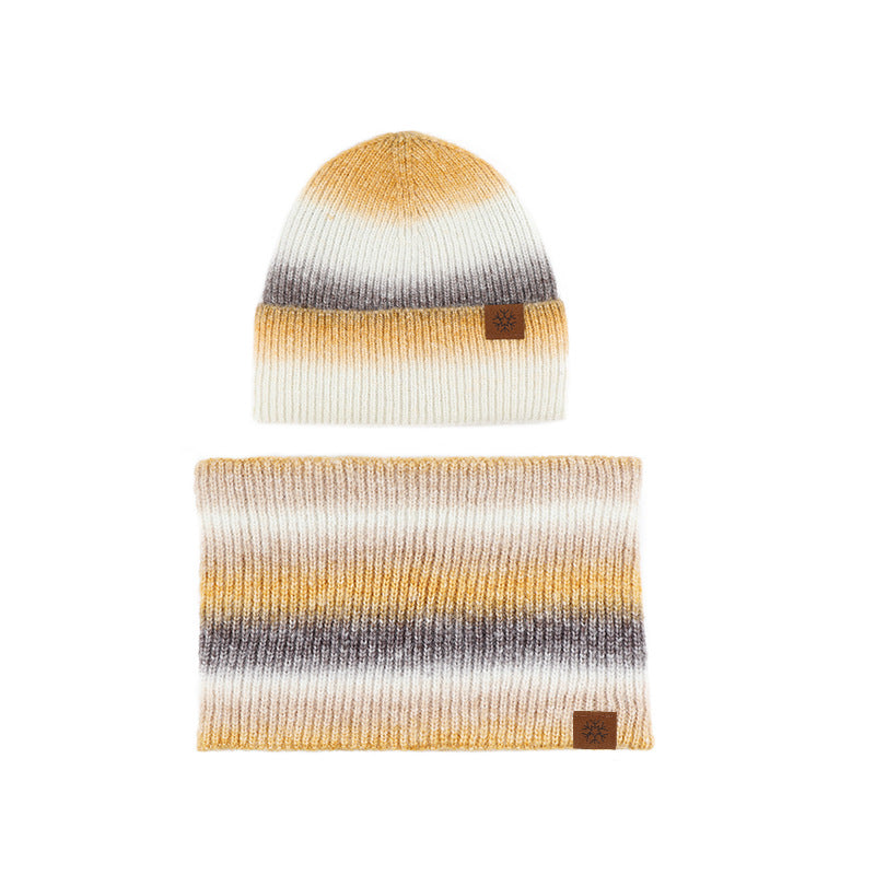 Wholesale Winter Outdoor Warm Tie-dye Knitted Scarf Hat Gradient Color Velvet Suit