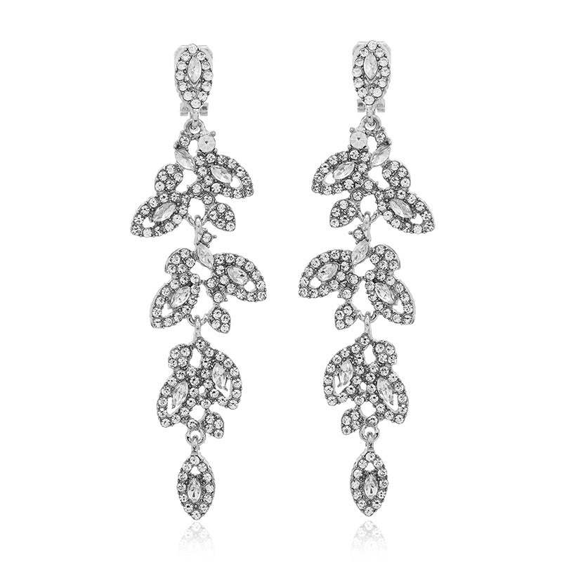 Wholesale Fashion Exaggerated Alloy Diamond Leaf Long Clip Earrings