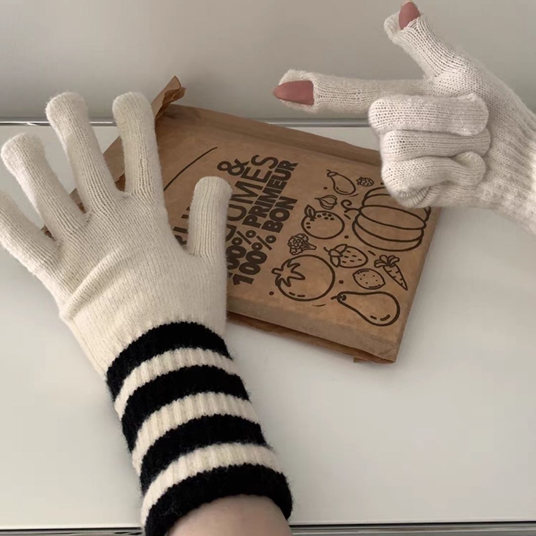 Wholesale Winter AB Version Striped Knitted Fingerless Touch Screen Cycling Warm Wool Gloves
