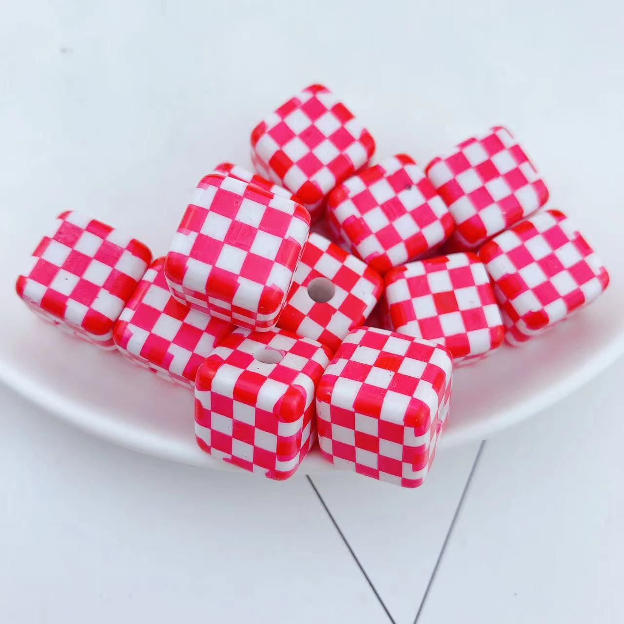 Wholesale 10pcs colorful checkerboard printed square acrylic beads