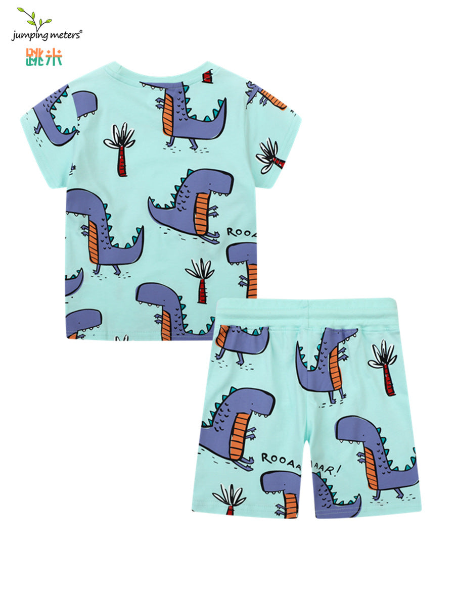 Wholesale Chic Boys Cartoon Dinosaur Short Sleeve T Shirt And Knit Pants Two Piece Summer Casual Outfit