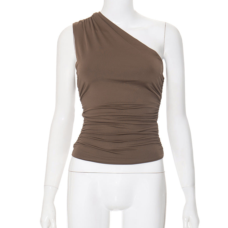 Wholesale Polyester Solid Color Single Shoulder Open Back Pleated Women's Tank Top T-shirt