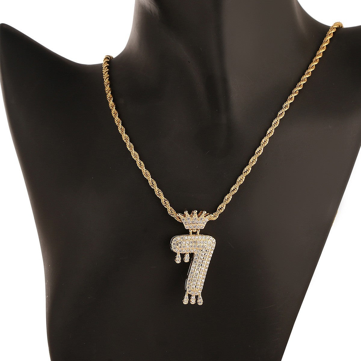 Wholesale Lucky Number Zircon Full Diamond Crown Pendant Necklace