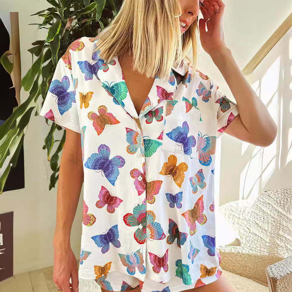 Wholesale Butterfly Print Short Sleeve Shorts Home Wear Set