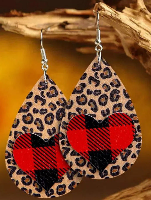 Wholesale Valentine's Day Red Plaid Peach Heart Leopard Leather Drop Earrings