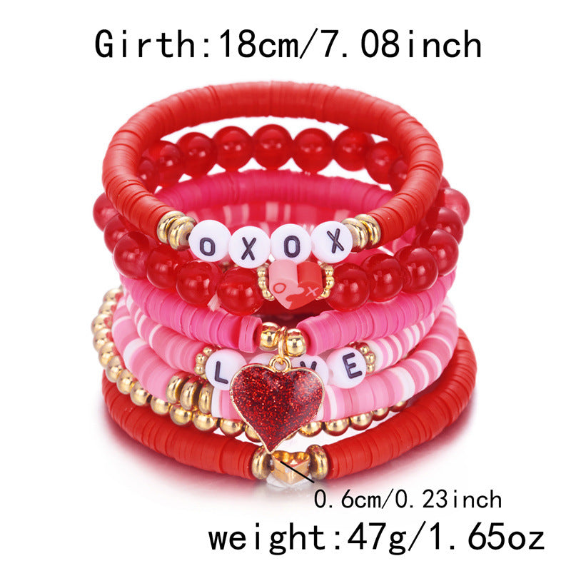 Wholesale Love Soft Ceramic Valentine' s Day Pink Letter  Layered Bracelet Set