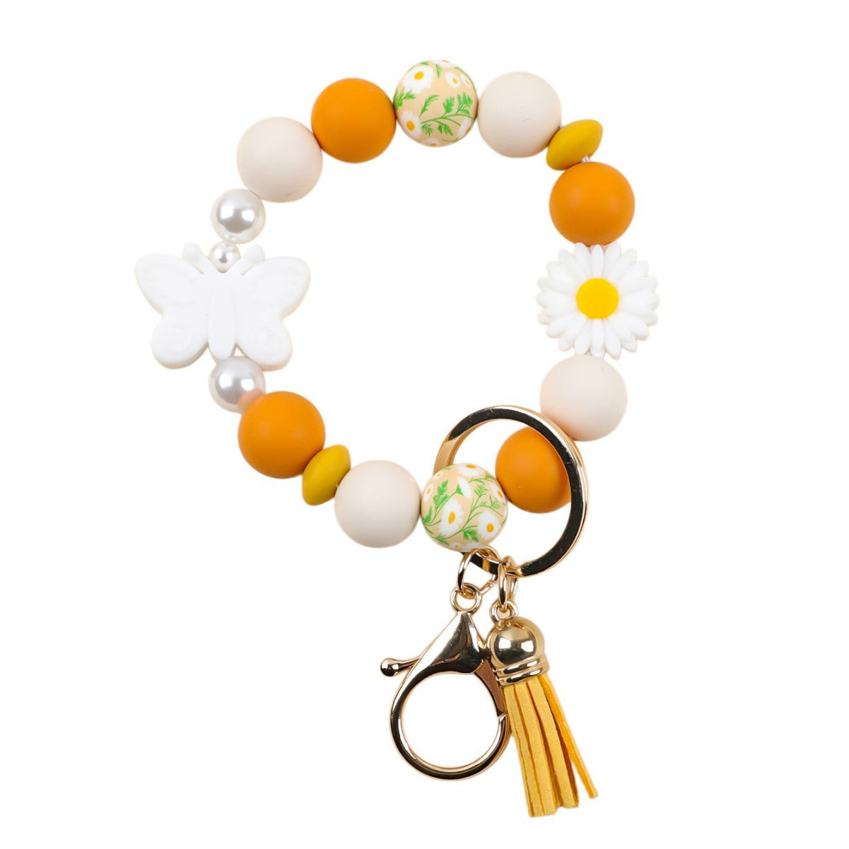 Wholesale  silicone printed wooden bead keychain bracelet key pendant