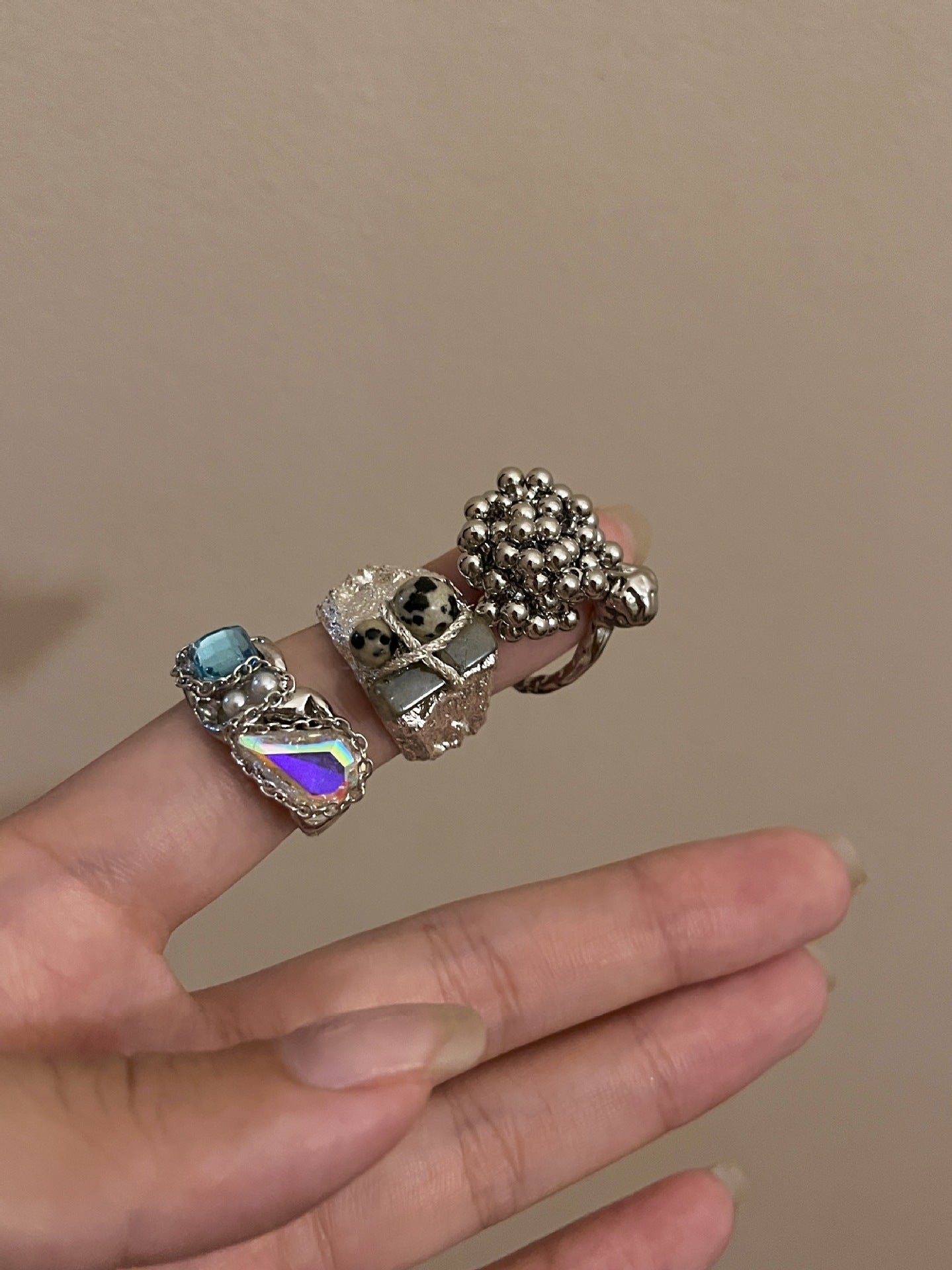 Wholesale Punk style metal texture retro blue crystal inlaid open ring