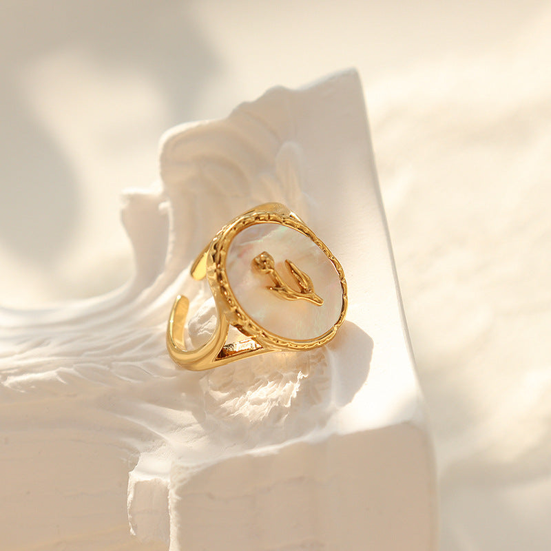 Wholesale Copper Geometric White Seashell Flower Open Ring