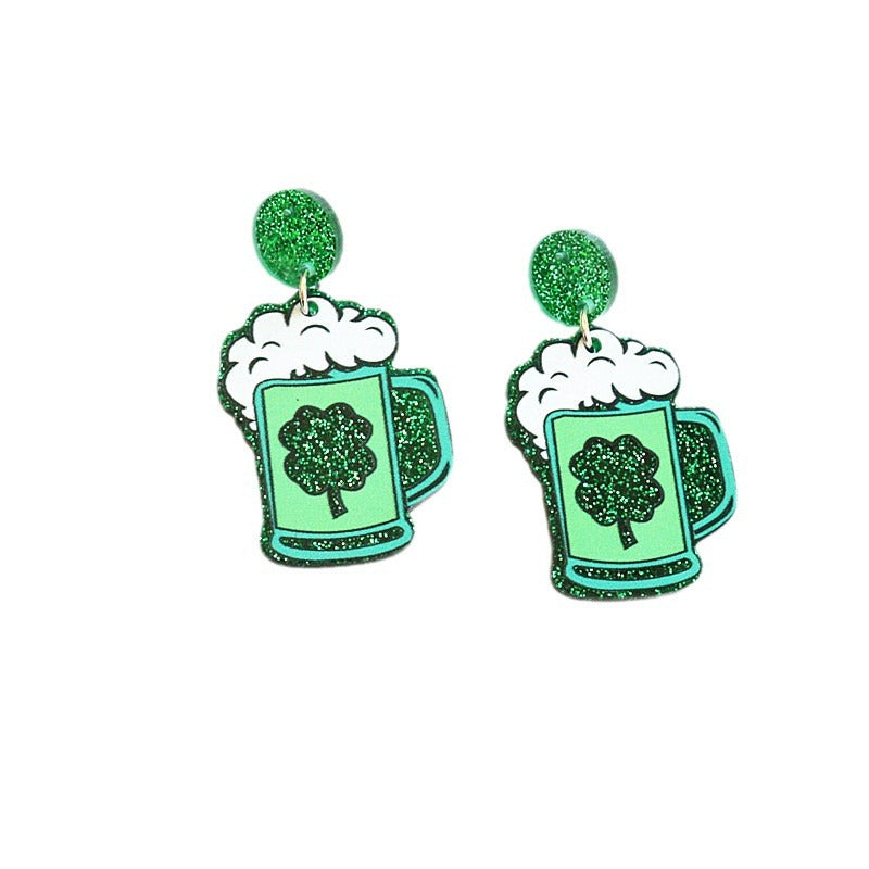 Wholesale St Patrick's Day earrings Carnival personalized all-match Green acrylic glitter Clover lucky grass earrings