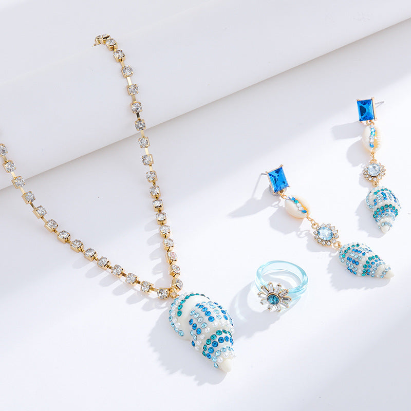 Wholesale Blue Coast Conch Diamond Summer Ocean Set  Alloy Necklace