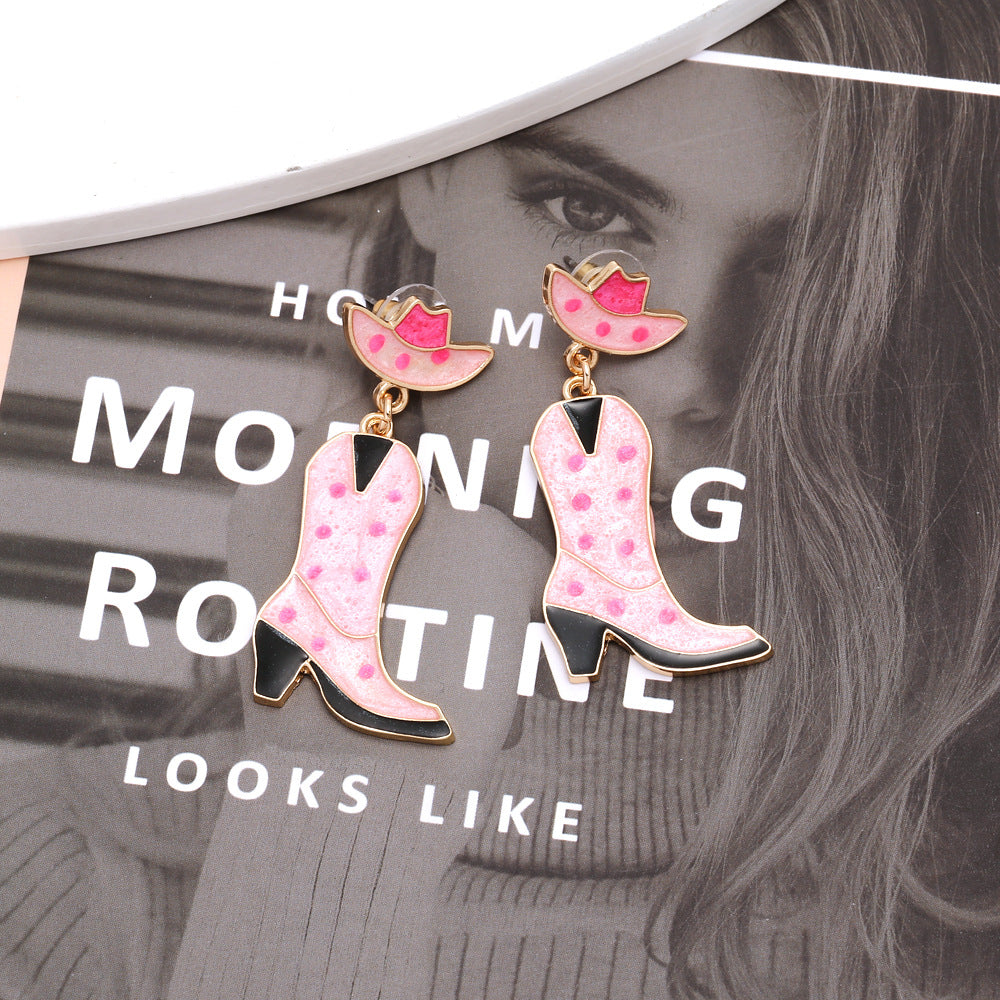 Wholesale Cute Pink Spot Dripping Oil Hat Boots Western Style Earrings