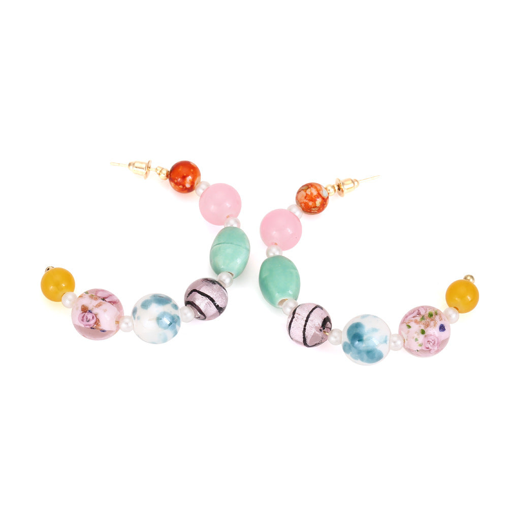 Wholesale Bohemian Beaded C-shaped Candy Colored Glass Earrings