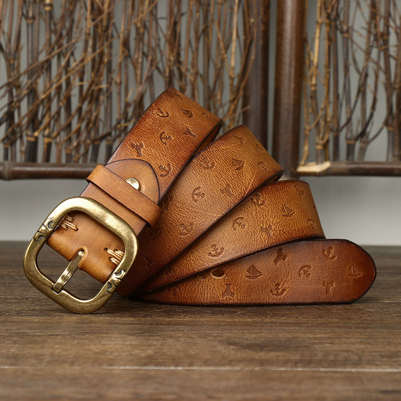 Wholesale 3.8CM Wide Machine Embossed Vegetable Tanned Leather Belt