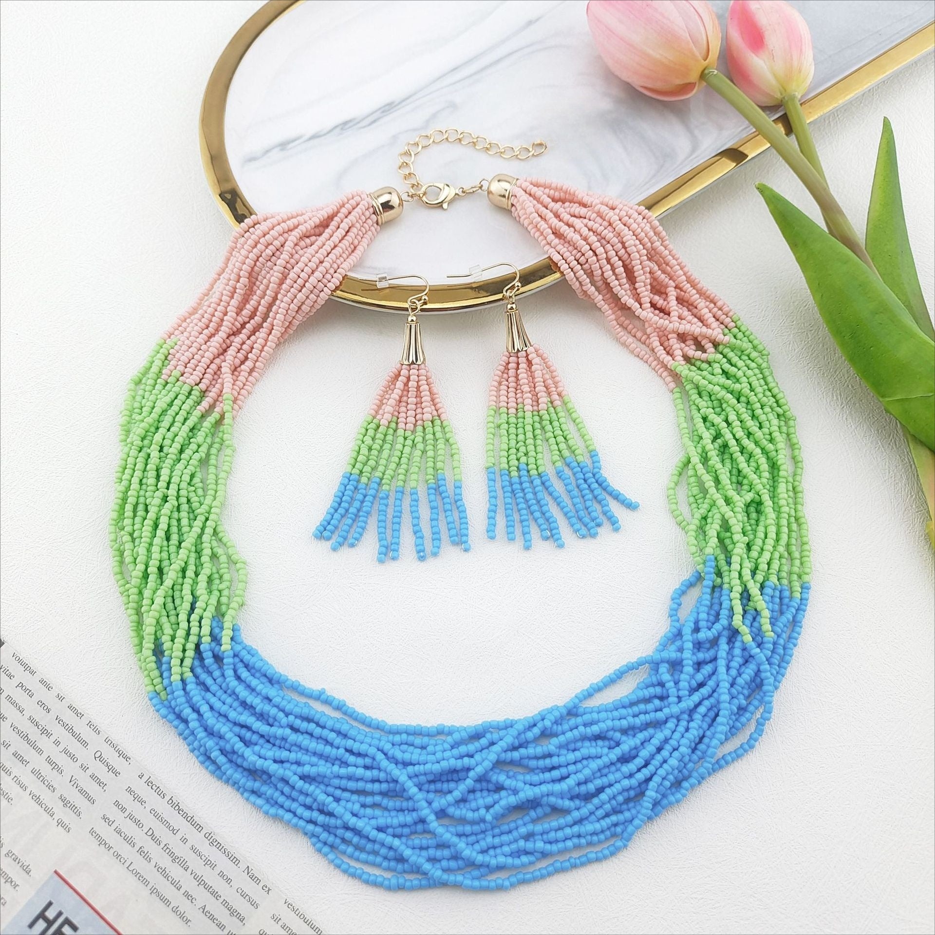 Wholesale Fashion Multi-layer Mixed Color Rice Bead Tassel Earrings Necklace