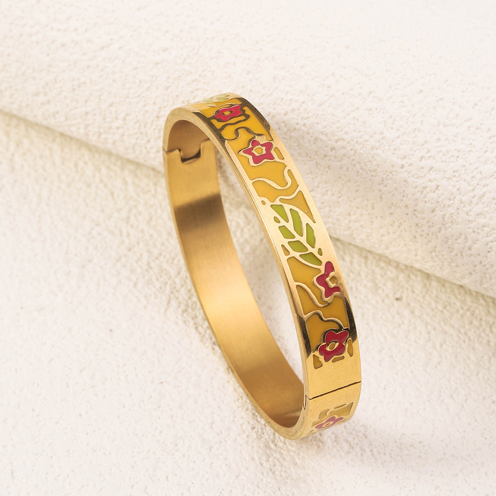 Wholesale Drop Glazed Enamel Wide Edged Patterned Stainless Steel 18k Genuine Gold Electroplated Titanium Steel Bracelet