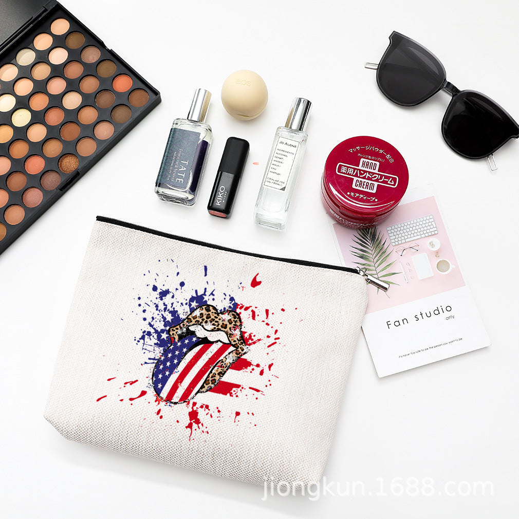 Wholesale Independence Day Waterproof Linen Cosmetic Bag