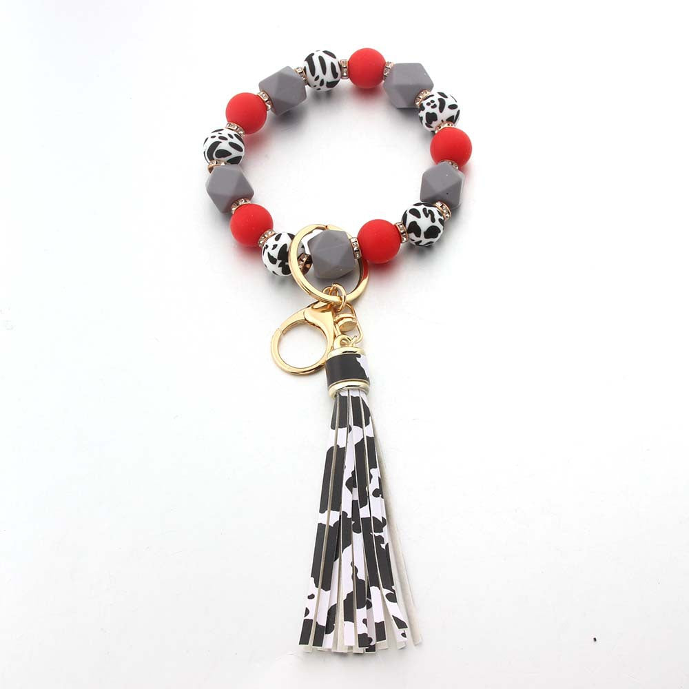 Wholesale Printed Polygonal Silicone Beads PU Leopard Tassel Keychain