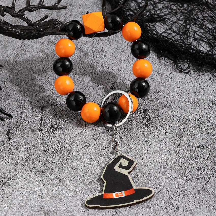 Wholesale Halloween Wooden Spooky Pumpkin Spider Beaded Wrist Keychain