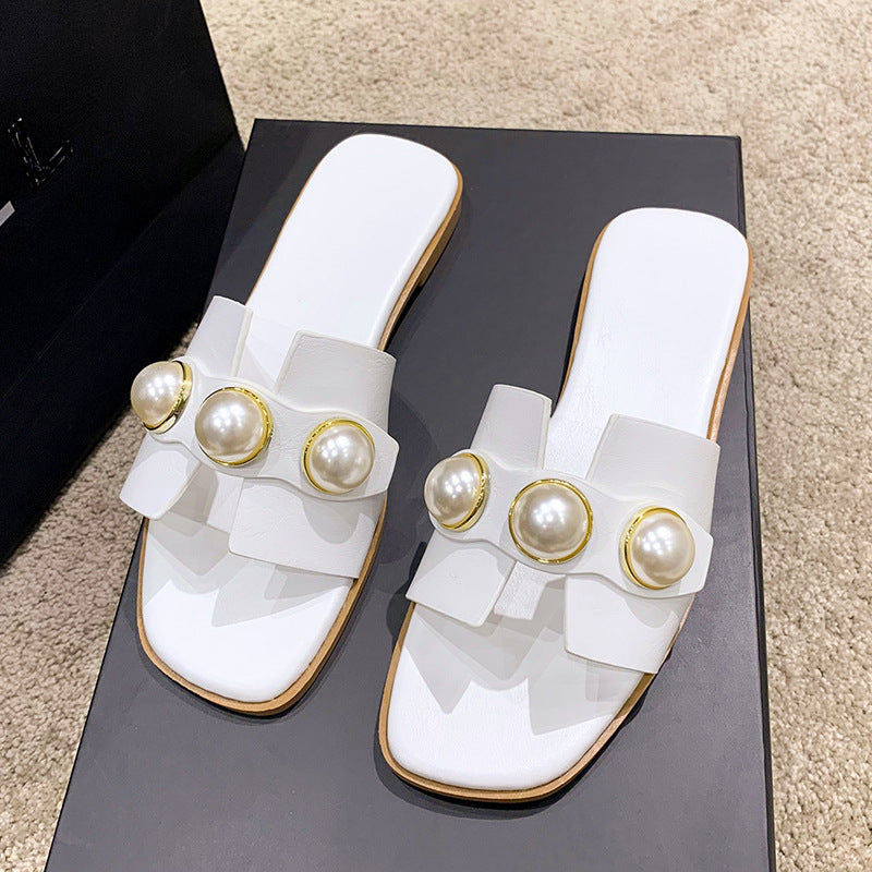 Wholesale Pearl Hollow Low Heel Square Toe Slippers