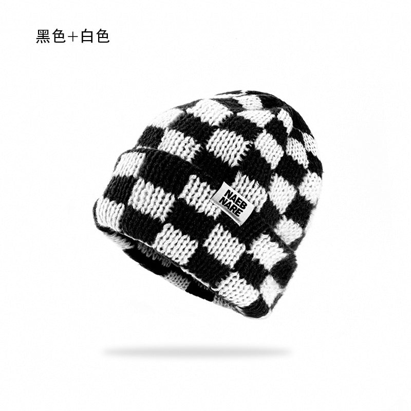 Wholesale Checkerboard plaid knitted hat women' s autumn and winter face-revealing small warm hat