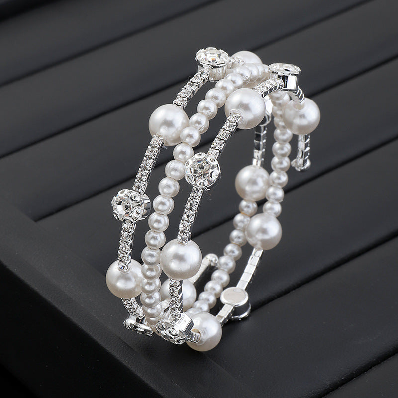 Wholesale Temperament Pearl and Rhinestone Multi-layer Bracelet