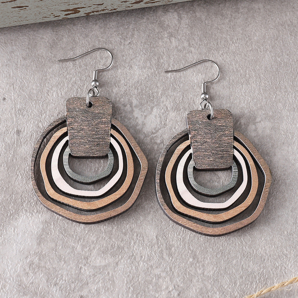 Wholesale Bohemian Gradient Hollow Pendant Wooden Double-sided Earrings
