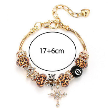 Leopard print cross stainless steel beaded bracelet