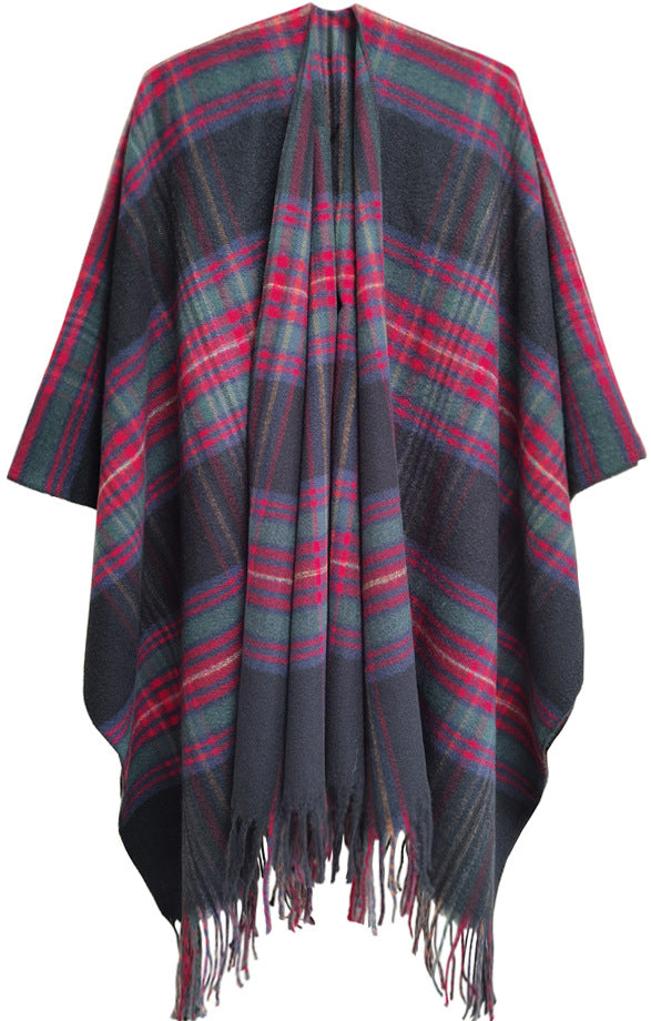 Wholesale Autumn and Winter Slit Cape Thickened Plaid Thorn Fringed Shawl