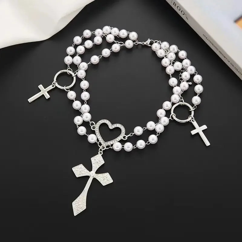 Wholesale Pearl and diamond heart cross retro hip-hop necklace